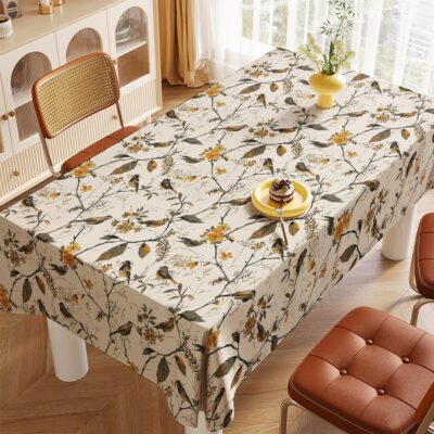 LINENWALAS 100% Cotton Tablecloth for 6-Seater Dining Table, Printed Rectangular Table Cover for Centre Table, 60 x 90 Inches (Birdie Bliss, 6 Seater)