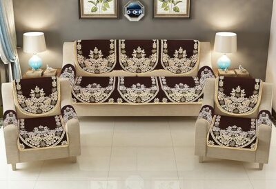 JVK Royal Look 500 TC Heavy Fabric Cotton Brown Color 5-Seater +6 Pieces Arms Cover Sofa Cover Set of 16 Pieces
