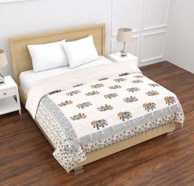 Cotton Quilt 400 Tc Pure Cotton Traditional Jaipuri Razai Animals Design Printed Lightweight Single Bed Quilt Rajai (Animal Print, Single Bed Elephant)