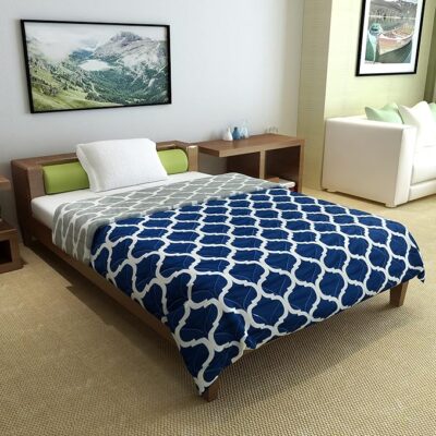 Divine Casa Microfiber 120 GSM All Season Abstract Printed Comforter Single Bed | Reversible Single Size Blanket | Lightweight Quilt Duvet (Navy Blue and White, 140 x 230 cm)