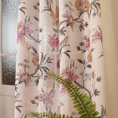 Story @ Home Sheer Curtains 7 Feet Long Set of 1, Floral Printed, Semi-Transparent Curtain, Net Curtains, Rod Pocket Door Curtain for Living Room, (118 x 215 cm, Cream & Pink) Perfect for Home Decor