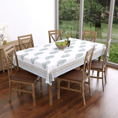 BLOCKS OF INDIA Cotton Hand Block/Batik Printed Rectangular Table Cloth for 6 Seater Dining Table (145 cm X 225 cm, Turquoise Grey Paisley, Pack of 1)