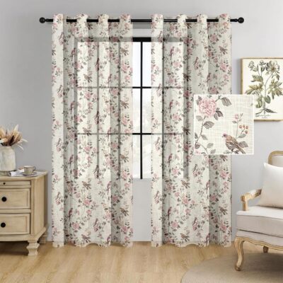Cortina Linen Printed Sheer Curtain Set of 2 Eyelet Ring Hanging, Floral Printed Curtains Non Blackout Light Filtering Curtains (Pink, 7FT)