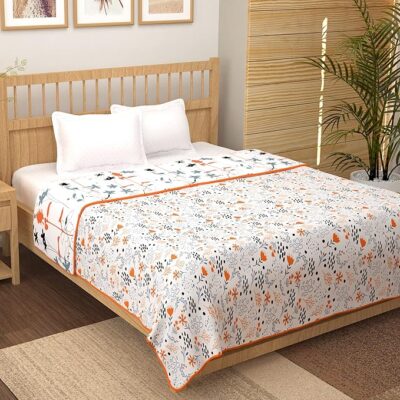 Story @ Home Dohar Double Bed Cotton 100% | 150GSM Quilt Blanket for Monsoon | 225 x240 cm Reversible and Cozy AC Comforter Double Bed | Grey & Yellow | Floral Design Duvet | All-Season Blanket