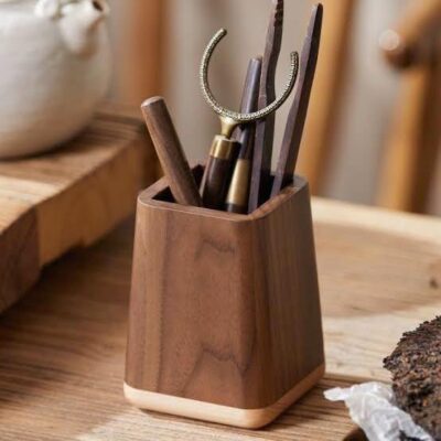 Wooden Pen Holder Desktop Stationery Storage Box Large Capacity Office Organizer Storage Pen Stand, Brown