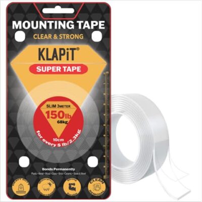 KLAPiT Super Tape | Clear Double-Sided Nano Tape (3M Holds 68Kg) | Invisible Finish | Heavy Duty Strong Adhesive for Wall, Tile, Glass, Metal | Indoor Outdoor Mounting Tape - Slim 3M