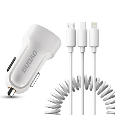 DUDAO R7 Quick Car Charger 3A with 3-in-1 Stretchable Cable (1.2m), Dual USB, Qualcomm 3.0 – Compatible with iPhone, Samsung, OnePlus, Pixel, Mi & More (White)