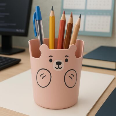 AccuPrints Plastic Pen Holder, Cute Bear Pencil Pot Creative Funny Pen Cup Organizer For Kids, Desk, School Classroom, Office (Peach Bear) (A2P2)