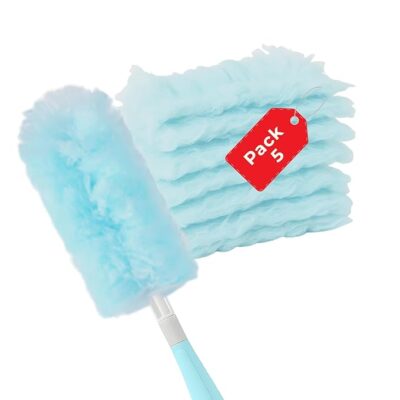 Microfiber Feather Duster with 5 Replaceable Refills-Multipurpose Dusting Brush with Bendable Head Ideal for Cleaning Home Car Blinds Furniture Hard-to-Reach Areas (Blue, Short Handle)