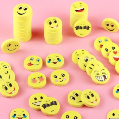Pack of 50 Smiley Erasers – Round Shape (2.5 cm) with 40+ Fun Expressions | Attractive Birthday Return Gifts for Kids
