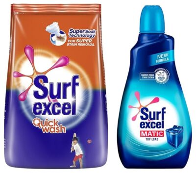 Surf Excel Quick Wash Detergent Powder 1 kg, Washing Powder with Lemon & Bleach to Remove Tough Stains on Clothes - Bucket & Machine Wash & Surf Excel Matic Top Load Liquid Detergent 1 L