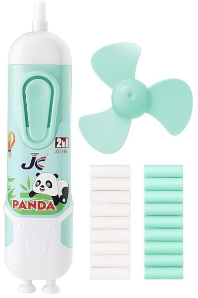 ISAA Store Cute Cartoon Print Electric Pencil Erasers with Fan and 12 Refills Set for Kids, Battery Operated Automatic Pencil Eraser (Panda)