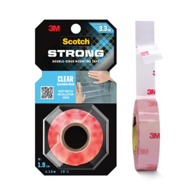 Scotch Clear Double-Sided Tape by 3M, 1M Holds 3.3 Kg, Invisible Finish, for indoor hanging applications, works on uneven surfaces, Heavy Duty, Strong Adhesive, (L: 1.5m, W: 19mm), Transparent