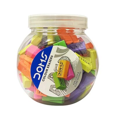 Doms Color Erasers Jar Pack | For Clean & Clear Erasing | Dust Free, Non-Toxic & Safe for Kids | Lesser Flakes & Non-Messy | Vibrant Body Colors | Pack of 100 Erasers