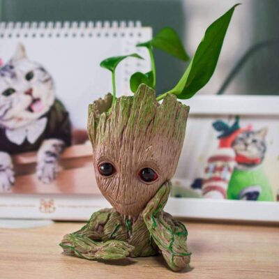 Marvel Avengers Infinity War Pot Groot Wooden Look Tree Flowerpot Cum Pen Container- Tree Man, 16 cm, White, 1 Piece