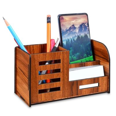 GLUN Wooden Pen Stand with Mobile & Visiting Card Holder | Multipurpose Desk Organizer for Office & Home | Pen Pencil Stand with Business Card Holder Brown, 8X17.5X10 Cm