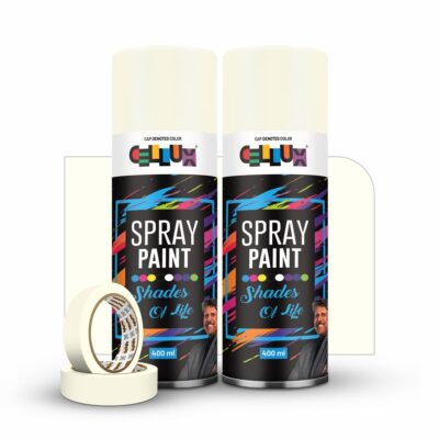 Cellux 2X Ultra Cover Ivory Spray Paint | DIY, Quick Drying with Premium Gloss Finish for Metal, Wood, Wall & Other Surfaces - 400 ML - Pack of 2 with 2 Masking Tape Rolls