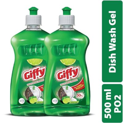 Giffy Liquid Dishwash Gel 500ml(Pack of 2) | Green Lime and Active Salt | 50% More Effective | Tough Grease Removal Expert | Turbo Boosters | Mild fragrance | Removes Tough Malodour | Hand-Safe