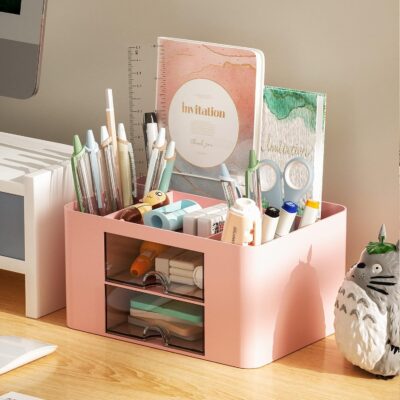 UCRAVO Office Desk Organizer with Drawer, All in One Office Supplies and Cool Desk Accessories Pen Holder, Enhance Your Decor, Desktop 5 Compartments & 2 Drawer Laddered Desk Organizer (Pink)