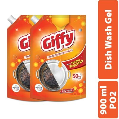 Giffy Liquid Dishwash Gel 900ml (Pack of 2) | Enzymes | 50% More Effective | Tough Grease Removal Expert | Turbo Boosters | Mild fragrance | Removes Tough Malodour | Hand-Safe