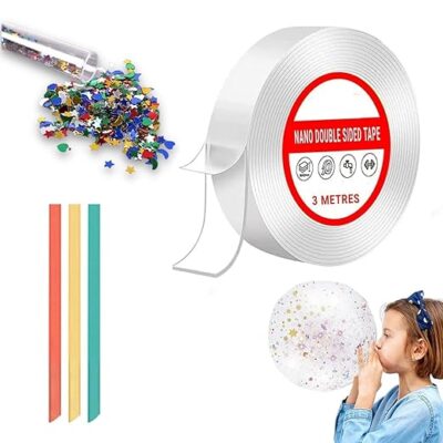 D-fix® Nano Tape with 1 Glitter Flakes Stars 3 Straw for Balloon Double Sided Ivy Grip Tape for Walls Washable Reusable Strong Sticky Strips Multicolor Moon & Heart Art and Craft DIY kit