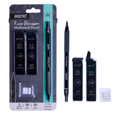 BRUSTRO Kuro Precision Mechanical Pencil | Tip Size - 0.3mm With 20 - HB and 20-2B leads, 3 Eraser Refills| Ideal For Writing, Sketching, Drawing, Mandala Arts and Fine Art Students