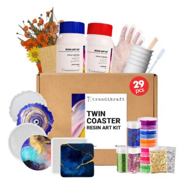 29pcs DIY Three Coaster Epoxy Resin Art Materials Kit with Dry Flowers for Making 3 Coasters with Silicone Moulds, Glitters, Flakes, Color Pigments & More (2:1 Resin to Hardener, 150gm)