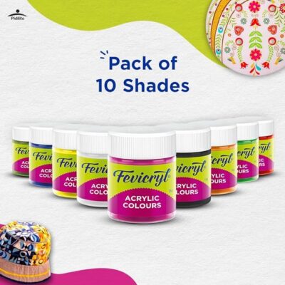 Fevicryl Acrylic Colors Sunflower Kit | 10 Colors x 15 ml | DIY Paint, Rich Pigment | Multicolor & Multi-surface | Non-Cracking Paint for Canvas, Wood, Leather, Earthenware, Metal