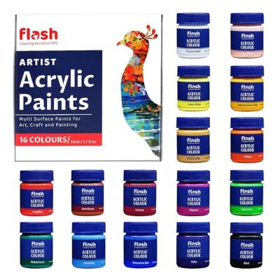 New Improved: Flash Acrylic Color Set for Adults Kids Professionals-16 Color Set of 50ml Each-High Pigment Strength Eco Friendly Non-Fading Non-Toxic Multi Surface Acrylic Paint (50 ml each, 16 Colors)