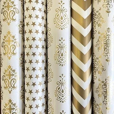 SATYAM KRAFT 5 Pcs White & Golden Premium Design Gift Wrapping Paper for Him/Her, gift Packing Sheets Decorative Romantic Gift Wrap for Birthday, Anniversary, Wedding, Return Gifts, Christmas, Packaging material, Craft (Golden Paper)