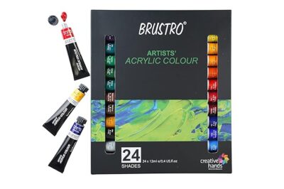 BRUSTRO Acrylic Paint Color Set | Set of 24 Colors X 12ml Tubes | Highly pigmented, Opaque Colors, Intermixable, Great Opacity, Perfect for Students, Adults, Beginners, Professionals and Artists.