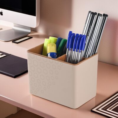 Kuber Industries Plastic 3-Compartment Pen Holder For Study Table | Marker/Pencil Stand & Desk Organizer for Student | Office Table Accessory for Stationary Item | Sandy Brown