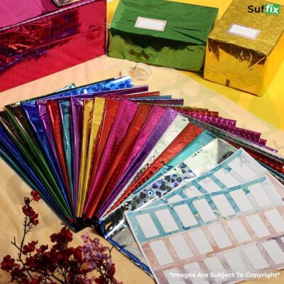 Suffix Retail ® - 25 PCS Gift Wrapping Sheets - Holographic Patterns - 40 Nametag Stickers, 30 Ribbons for Gift Packing & 2 Clear Tape | Gift Wrap Sheets - 45CM x 65CM (25)