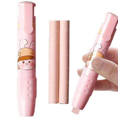Pen Erasers – Retractable Eraser, Novelty Eraser Pen Shaped, Press Mechanical Rubbers with 2 Pcs Refill, Stationery Gift for Kids - Pink