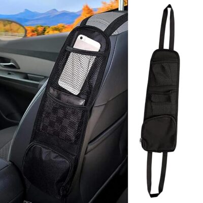 DETACHI Car Seat Side Organizer, Pack 1 Auto Seat Storage Hanging Bag, Multi-Pocket Storage Bag, Phones, Drink, Stuff Holder with Mesh Pocket for Cars, SUV & Truck (Black, 42X14X4CM)