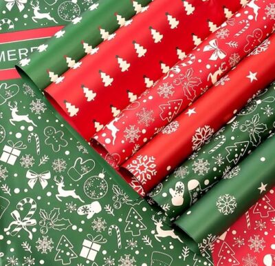 VRB Dec 10 Pcs Plastic Gift Wrapping Paper Sheet for Boxes/Gift Papers Sheets/Gift Wrapper/Gift Packing Material Wrapping Paper for Gift Packing Birthday, Anniversary, Diwali, Christmas. (Christmas gift wrapping paper Design 10 Sheets with Gift Cards)