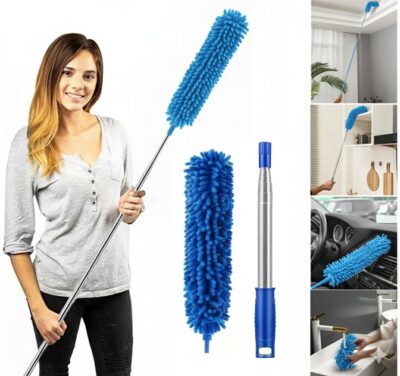 100 Inch Long Handle Microfiber Chenille Duster – Bendable, Washable Chenille Dust Cleaner Cobweb Stick for Ceiling Fans, Cobwebs, Blinds, Furniture & High Roof – Anti-Scratch Home Cleaning Mop Stick