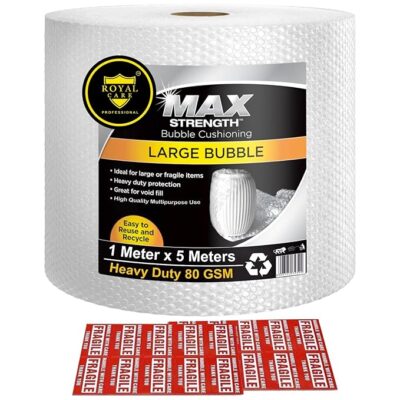 Air Bubble Wrap Packing Roll 1M x 5M – Heavy-Duty 80 GSM Cushioning Material with Fragile Stickers for Safe Packing, Shipping, Moving, and Storage