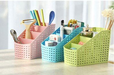 Mahaware Plastic Multipurpose Storage Basket Rack Desk Organizer with 4 Sections for Stationery Pen Stand | Cutlery Stand | Bathroom Stand | Set of 2 | Multicolour, regular (MIC6949)