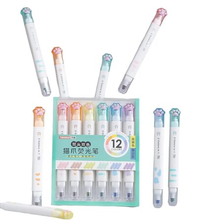FunBlast Cute Cat Paw Highlighter Pen, 12 Color Highlighters Pens Cute, Dual-Side 2 In 1 Color Highlighter Pens Set, Pack Of 6 Highlighter Pen, Dual Tip Highlighter, Multicolour