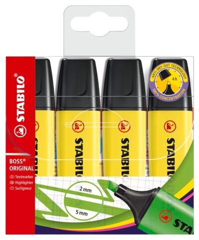 STABILO BOSS Original - Highlighter Pen - Wallet of 4 (Fluorescent Yellow)