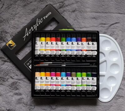 STORE 2508 Willows Acrylic Paint Set – 24 Premium Acrylic Paint Tubes with 3 Brushes & Palette– Vibrant, Non-Toxic Pigments for Canvas, Glass, Plastic, Rocks, Arts and Crafts