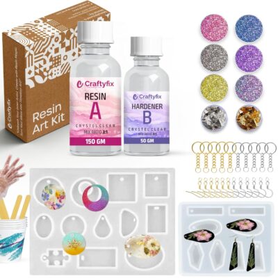 Craftyfix Resin Art Kit with Moulds – Complete Resin Jewellery Making Kit for Keychains & Earrings – 200g 3:1 Epoxy Resin, 6 Glitter Colors, Gold & Silver Flakes, Mixing Cup & Gloves