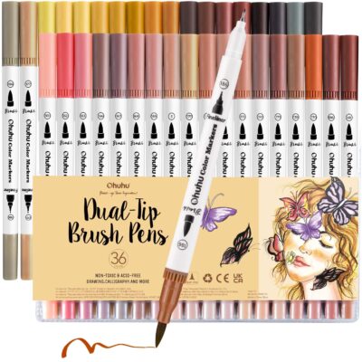 Ohuhu Skin Tone Markers 36 Colors: Dual Tip Brush and Fine liner Markers for Adult Coloring Water Based Art Skintone Marker Pens Set for Portrait Drawing Lettering Writing Calligraphy Journaling - Maui