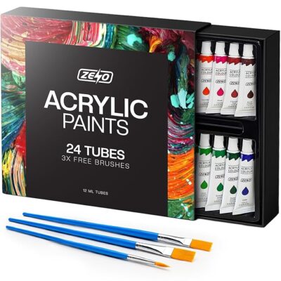 ZENO Acrylic Paint Set of 24 Color Tubes | with 3 Paint Brushes | For Canvas Wood Ceramic Fabric | Non-Toxic | Vibrant Pigments | For Adults & Kids