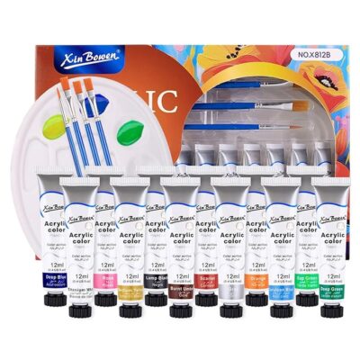 XinBoWen Acrylic Paint Set 12ml with Paintbrush and Palette Artist Quality Rich Pigment Colors with Brushes & Palette (Set of 12, White, Orange, Yellow, Scarlet, Rose, Gray, Sap Green, Deep Green, Blue, Deep Blue, Burnt Umber, Black)