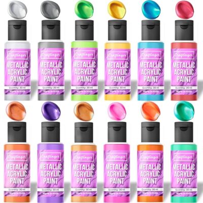 Craftinger 12-Sets Vibrant Metallic Acrylic Shades (30 ml Each) | Rich Shiny Finish | Multi-Surface color for Canvas, Wood, Glass, Metal, Plastic & More | Set for Adults for Artists, students, Children & Hobbyists