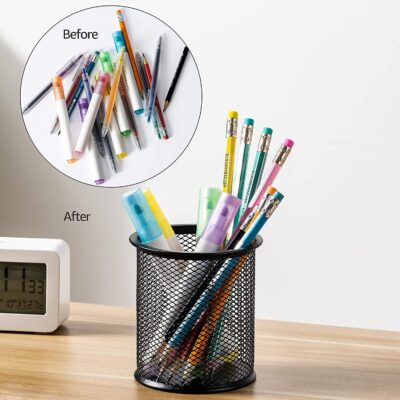 Shuban Metal Mesh Pencil Holder Round Pen Cups For Desk Organizer Classroom Organization Pencil Holders Wire Makeup Brush Holders For Desk Office Supplies-4 Pcs