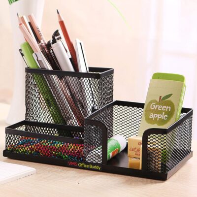 VAVSU Mesh Pen Holder | 3 Compartment Metal Pencil Case | Desk Organizer Stand | Office, Home & School Use | Storage Rack (Black)