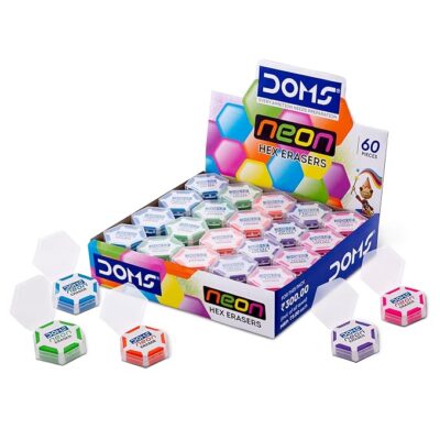 Doms Neon Hex Dust Free Eraser 60 Pcs, Multi-Color